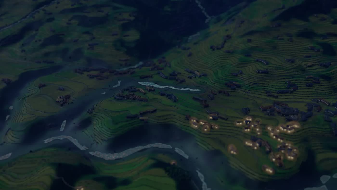 himal at night: villages as constellations of warm lamplight along a dark river bend